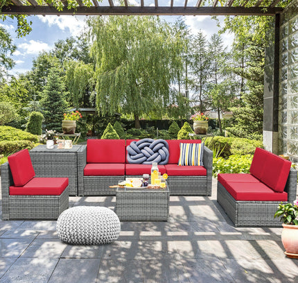 8-Piece Outdoor Wicker Rattan Sofa Set with Storage Box & Tempered Glass Table — Red