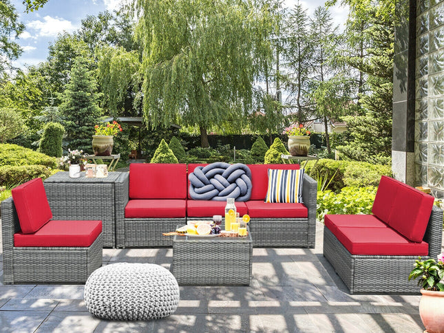 8-Piece Outdoor Wicker Rattan Sofa Set with Storage Box & Tempered Glass Table — Red