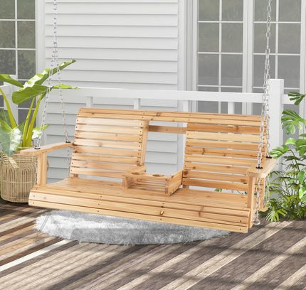 5 Ft Porch Swing Chair with Adjustable Chains and Foldable Cup Holders