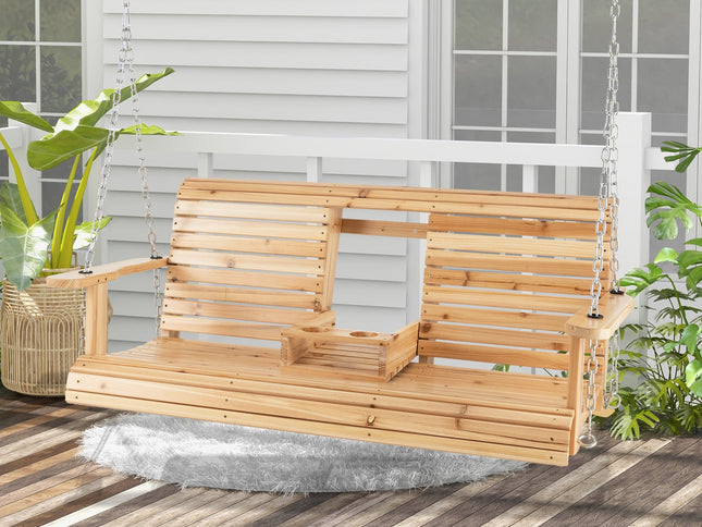 5 Ft Porch Swing Chair with Adjustable Chains and Foldable Cup Holders
