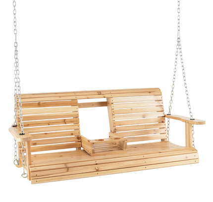 5 Ft Porch Swing Chair with Adjustable Chains and Foldable Cup Holders