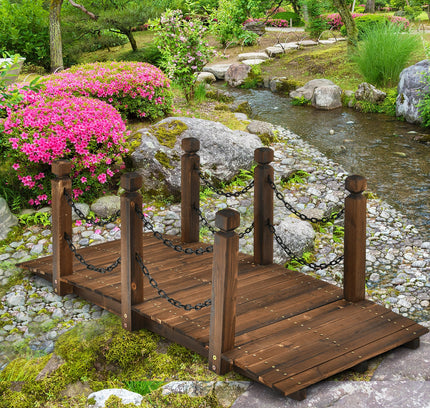 5 Ft Wooden Garden Bridge Arc Footbridge Stained Finish Walkway w/ Safety Rails