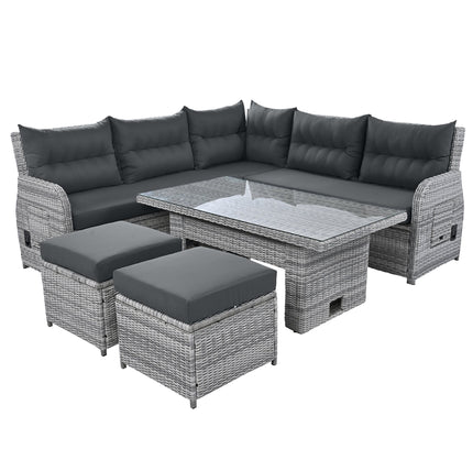 Outdoor Rattan Patio Furniture Set with Adjustable Recliners, Ottomans & Tables