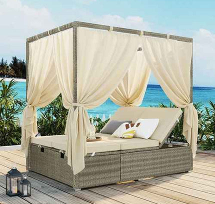 Adjustable Outdoor Sun Lounger with Privacy Curtain, High Comfort