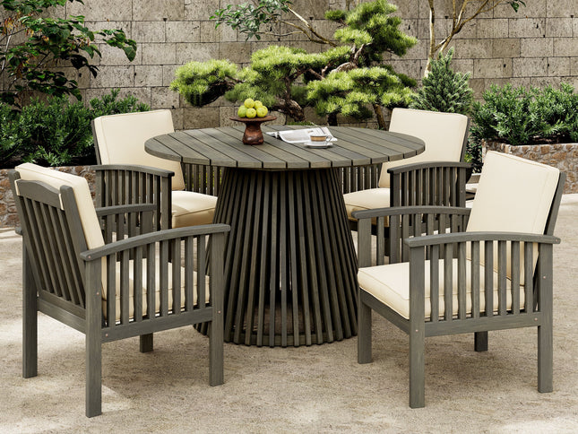 5-Piece Acacia Wood Outdoor Club Chair Dining Set with Round Table — Grey