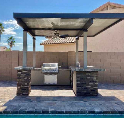 KoKoMo Outdoor Kitchen BBQ Island with 12' x 12' Pergola – Built-In 4-Burner Grill, Refrigerator, and Lighting