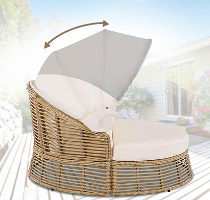Outdoor Patio Rattan Round Daybed with Retractable Canopy, Wicker