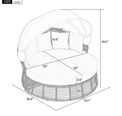 Outdoor Patio Rattan Round Daybed with Retractable Canopy, Wicker