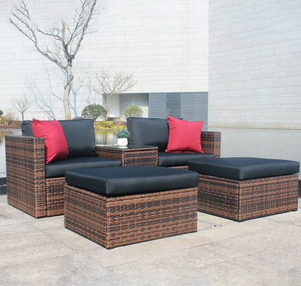 5 Pieces Outdoor Patio Garden Brown Wicker Sectional Conversation Sofa Set