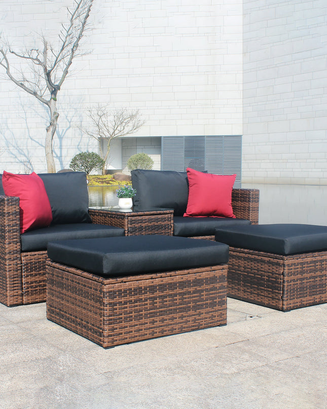 5 Pieces Outdoor Patio Garden Brown Wicker Sectional Conversation Sofa Set