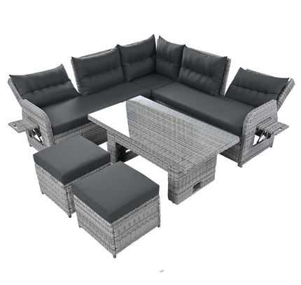 Outdoor Rattan Patio Furniture Set with Adjustable Recliners, Ottomans & Tables