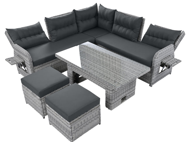 Outdoor Rattan Patio Furniture Set with Adjustable Recliners, Ottomans & Tables
