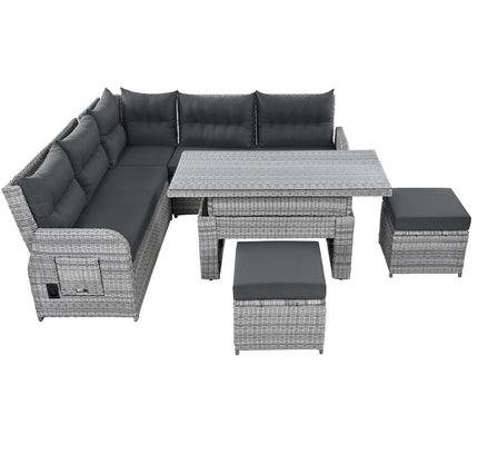 Outdoor Rattan Patio Furniture Set with Adjustable Recliners, Ottomans & Tables