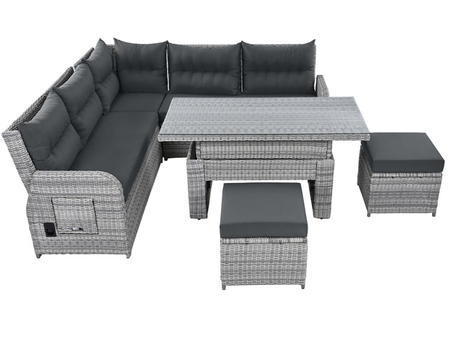 Outdoor Rattan Patio Furniture Set with Adjustable Recliners, Ottomans & Tables