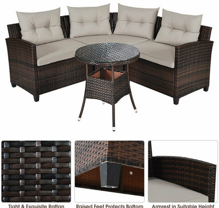 4-Piece Outdoor Wicker Rattan Patio Sofa Set with Glass Coffee Table