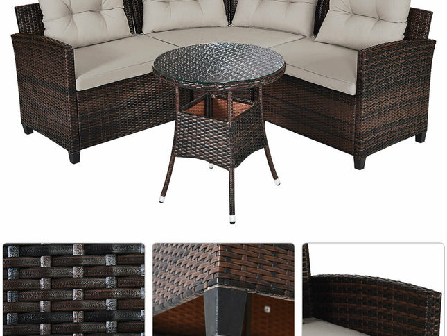 4-Piece Outdoor Wicker Rattan Patio Sofa Set with Glass Coffee Table