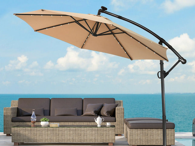 10 Ft 360° Rotation Solar Powered LED Patio Offset Umbrella without Weighted Base