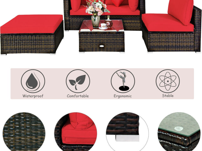 5-Piece Outdoor Rattan Sectional Sofa Set with Ottoman & Coffee Table — Red