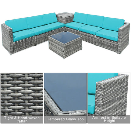 8-Piece Outdoor Wicker Rattan Sofa Set with Storage Box & Tempered Glass Table — Turquoise