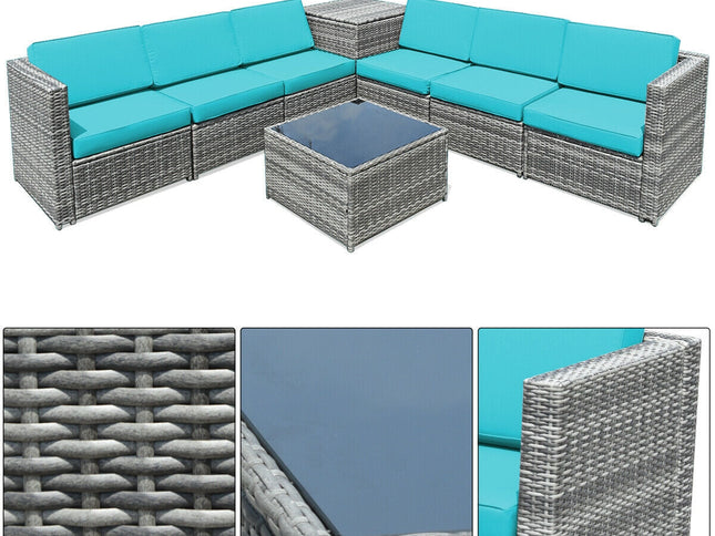 8-Piece Outdoor Wicker Rattan Sofa Set with Storage Box & Tempered Glass Table — Turquoise