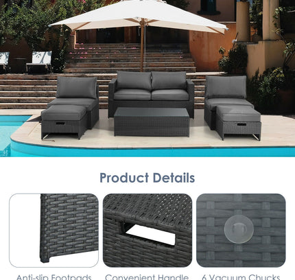 6-Piece Outdoor Rattan Patio Set with Glass Coffee Table & 2 Ottomans — Gray