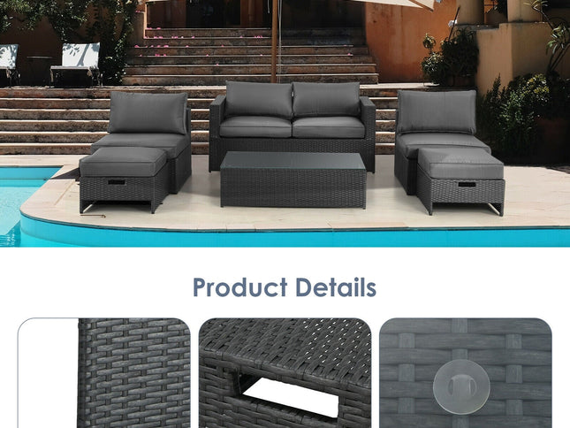 6-Piece Outdoor Rattan Patio Set with Glass Coffee Table & 2 Ottomans — Gray