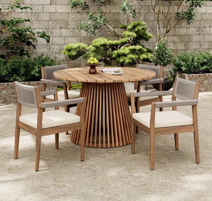 5-Piece Acacia Wood Outdoor Dining Set with Rope Braided Chairs & Round Table — Teak