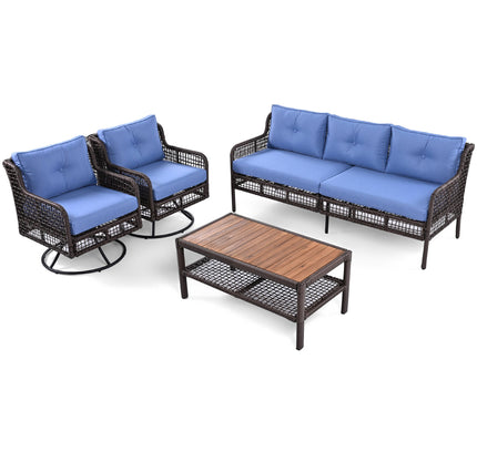 GO 4-Piece Outdoor PE Rattan Patio Set with 360° Swivel Chairs & Wood Coffee Table