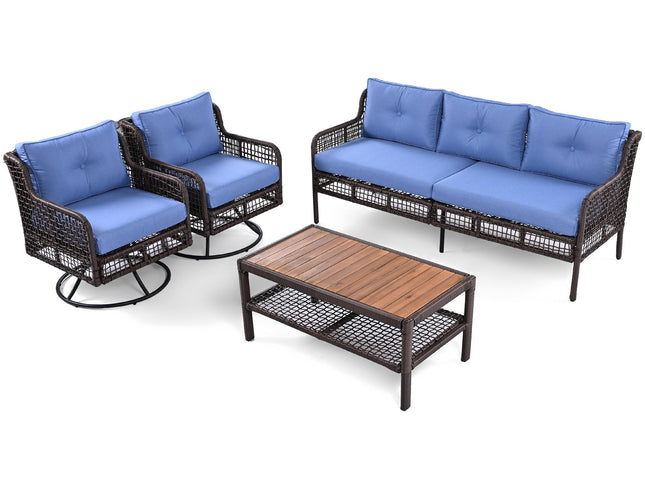 GO 4-Piece Outdoor PE Rattan Patio Set with 360° Swivel Chairs & Wood Coffee Table