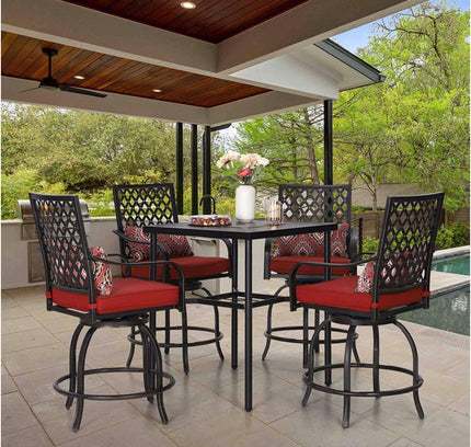Alora 6-Piece Outdoor Patio Bar Set Dining Table With Umbrella & Swivel Bar Stools