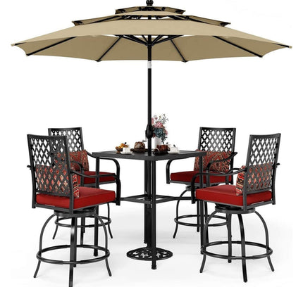 Alora 6-Piece Outdoor Patio Bar Set Dining Table With Umbrella & Swivel Bar Stools