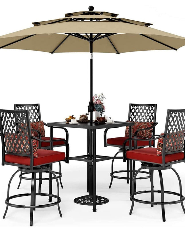 Alora 6-Piece Outdoor Patio Bar Set Dining Table With Umbrella & Swivel Bar Stools