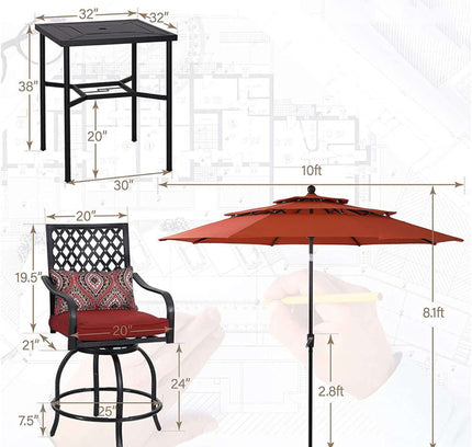 Alora 6-Piece Outdoor Patio Bar Set Dining Table With Umbrella & Swivel Bar Stools
