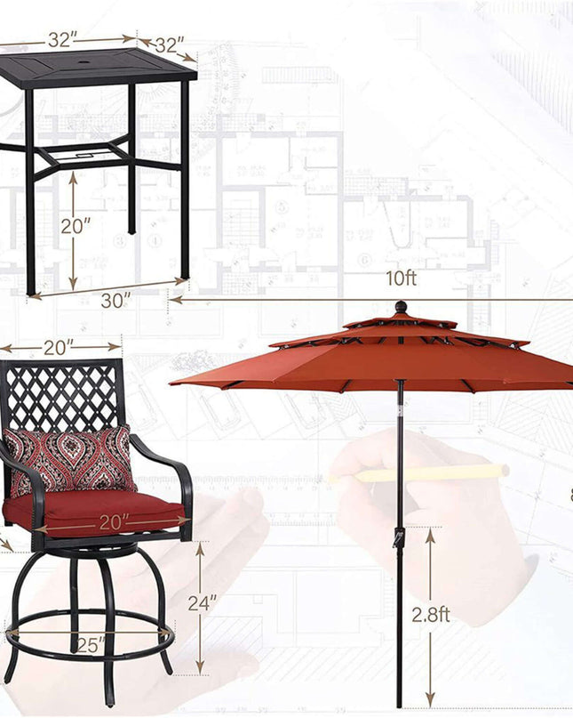 Alora 6-Piece Outdoor Patio Bar Set Dining Table With Umbrella & Swivel Bar Stools