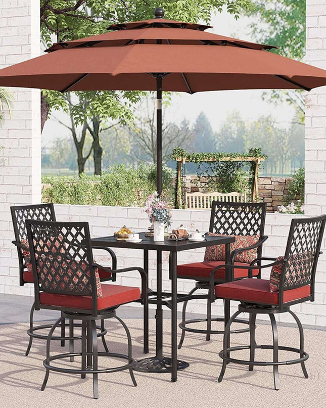 Alora 6-Piece Outdoor Patio Bar Set Dining Table With Umbrella & Swivel Bar Stools