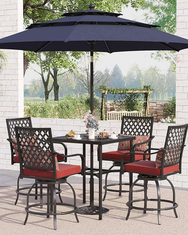 Alora 6-Piece Outdoor Patio Bar Set Dining Table With Umbrella & Swivel Bar Stools