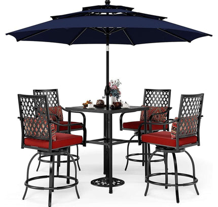 Alora 6-Piece Outdoor Patio Bar Set Dining Table With Umbrella & Swivel Bar Stools