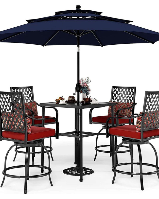 Alora 6-Piece Outdoor Patio Bar Set Dining Table With Umbrella & Swivel Bar Stools