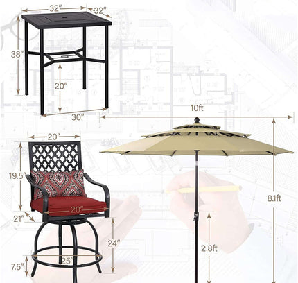 Alora 6-Piece Outdoor Patio Bar Set Dining Table With Umbrella & Swivel Bar Stools