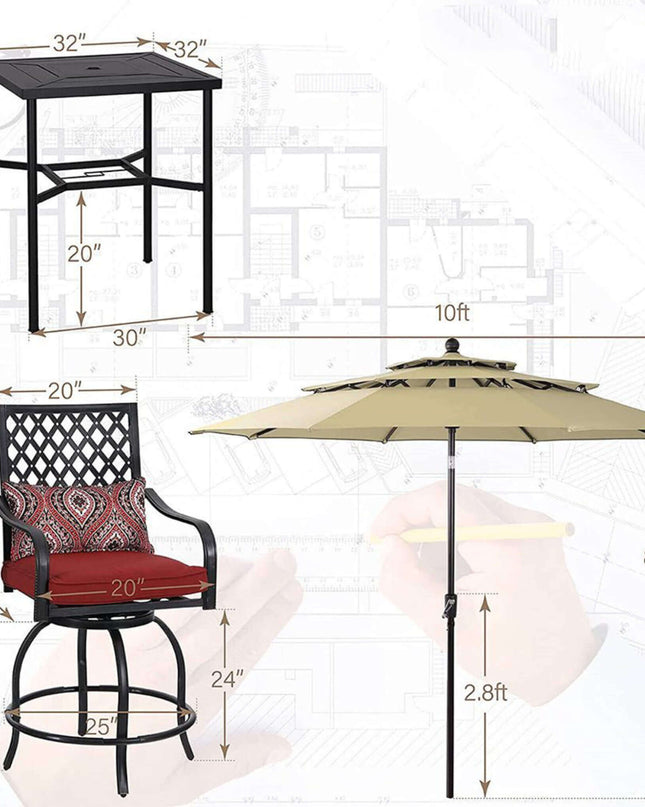 Alora 6-Piece Outdoor Patio Bar Set Dining Table With Umbrella & Swivel Bar Stools