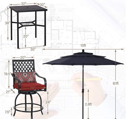Alora 6-Piece Outdoor Patio Bar Set Dining Table With Umbrella & Swivel Bar Stools