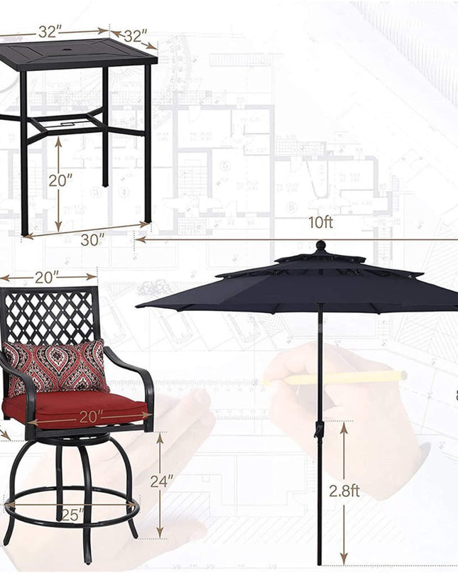 Alora 6-Piece Outdoor Patio Bar Set Dining Table With Umbrella & Swivel Bar Stools