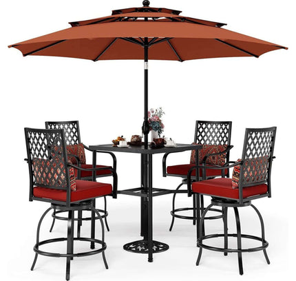 Alora 6-Piece Outdoor Patio Bar Set Dining Table With Umbrella & Swivel Bar Stools