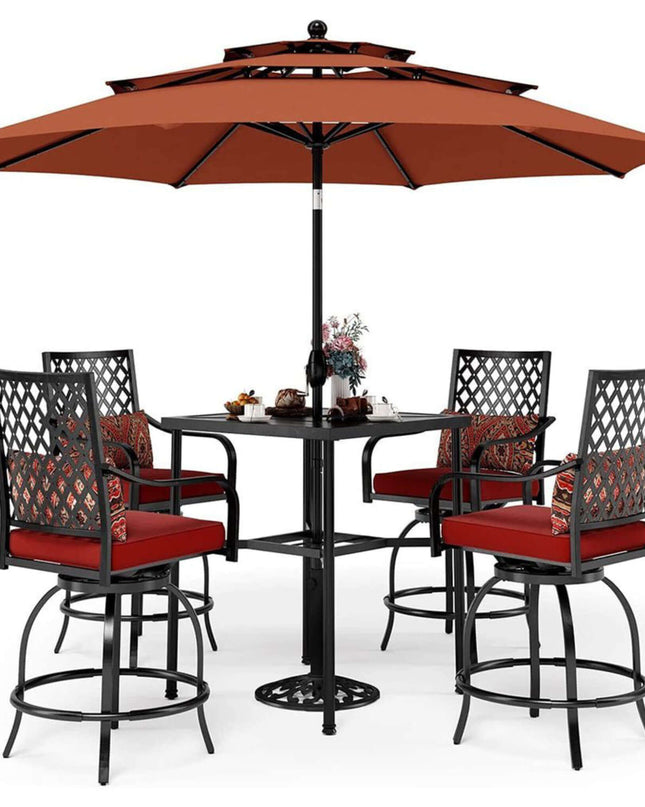 Alora 6-Piece Outdoor Patio Bar Set Dining Table With Umbrella & Swivel Bar Stools