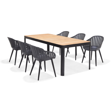 Portals Dark Rectangular Teak Table and 6 Nassau Black Aluminum Dining Set