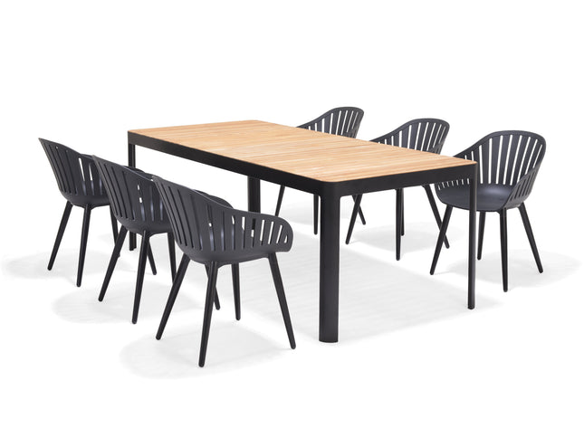 Portals Dark Rectangular Teak Table and 6 Nassau Black Aluminum Dining Set