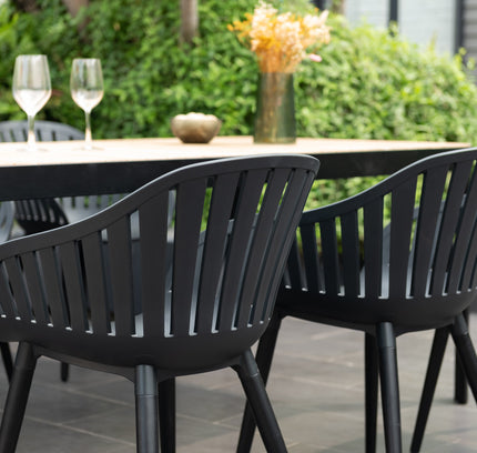 Portals Dark Rectangular Teak Table and 6 Nassau Black Aluminum Dining Set
