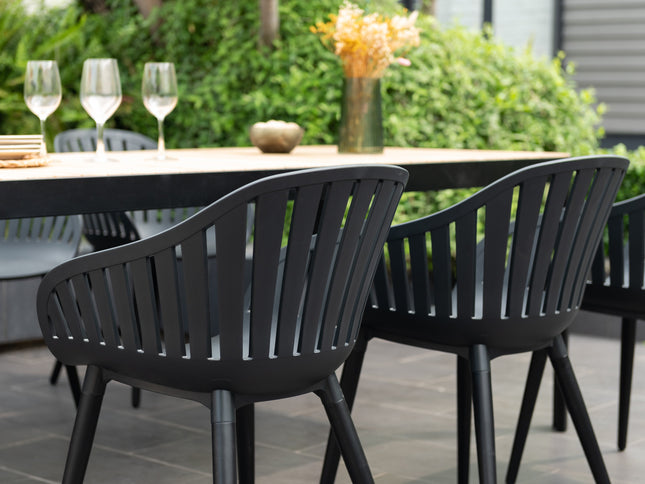 Portals Dark Rectangular Teak Table and 6 Nassau Black Aluminum Dining Set