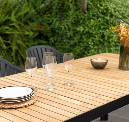 Portals Dark Rectangular Teak Table and 6 Nassau Black Aluminum Dining Set