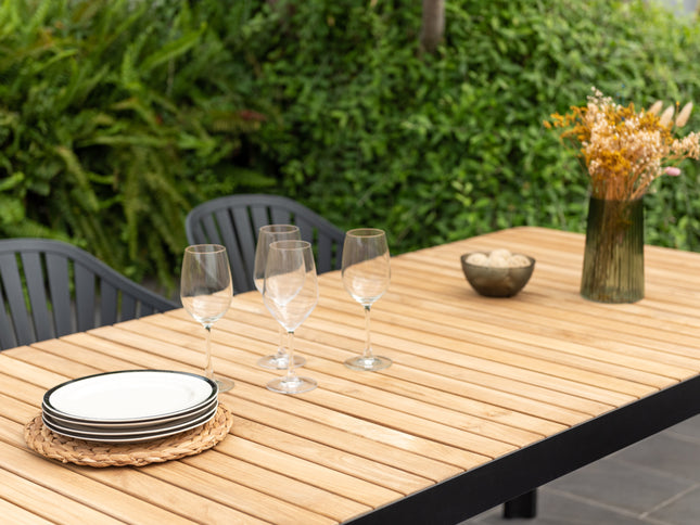 Portals Dark Rectangular Teak Table and 6 Nassau Black Aluminum Dining Set